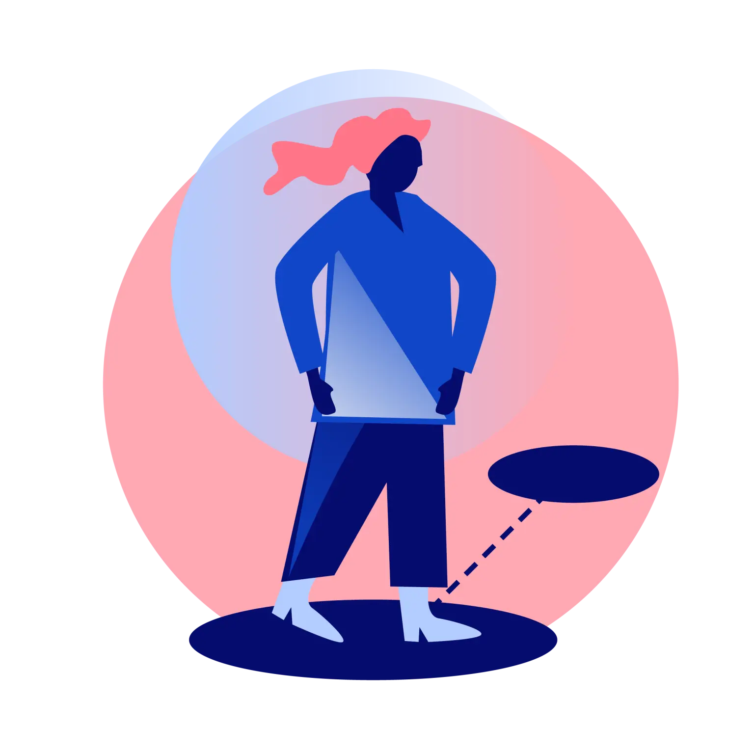 Pictogram van een vrouw die via een stippellijn van de ene stip op de grond naar de volgende loopt.