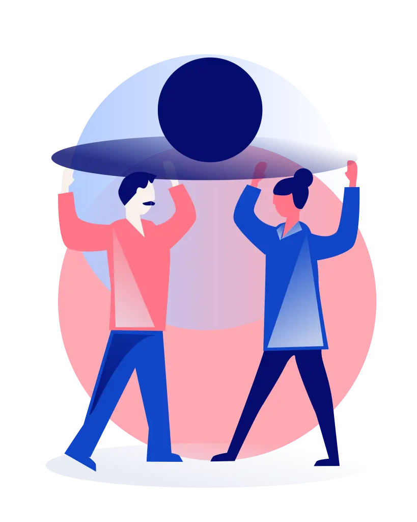 Pictogram van een man en een vrouw die door middel van een blauwe schijf boven hun hoofd een blauwe stip meedragen.