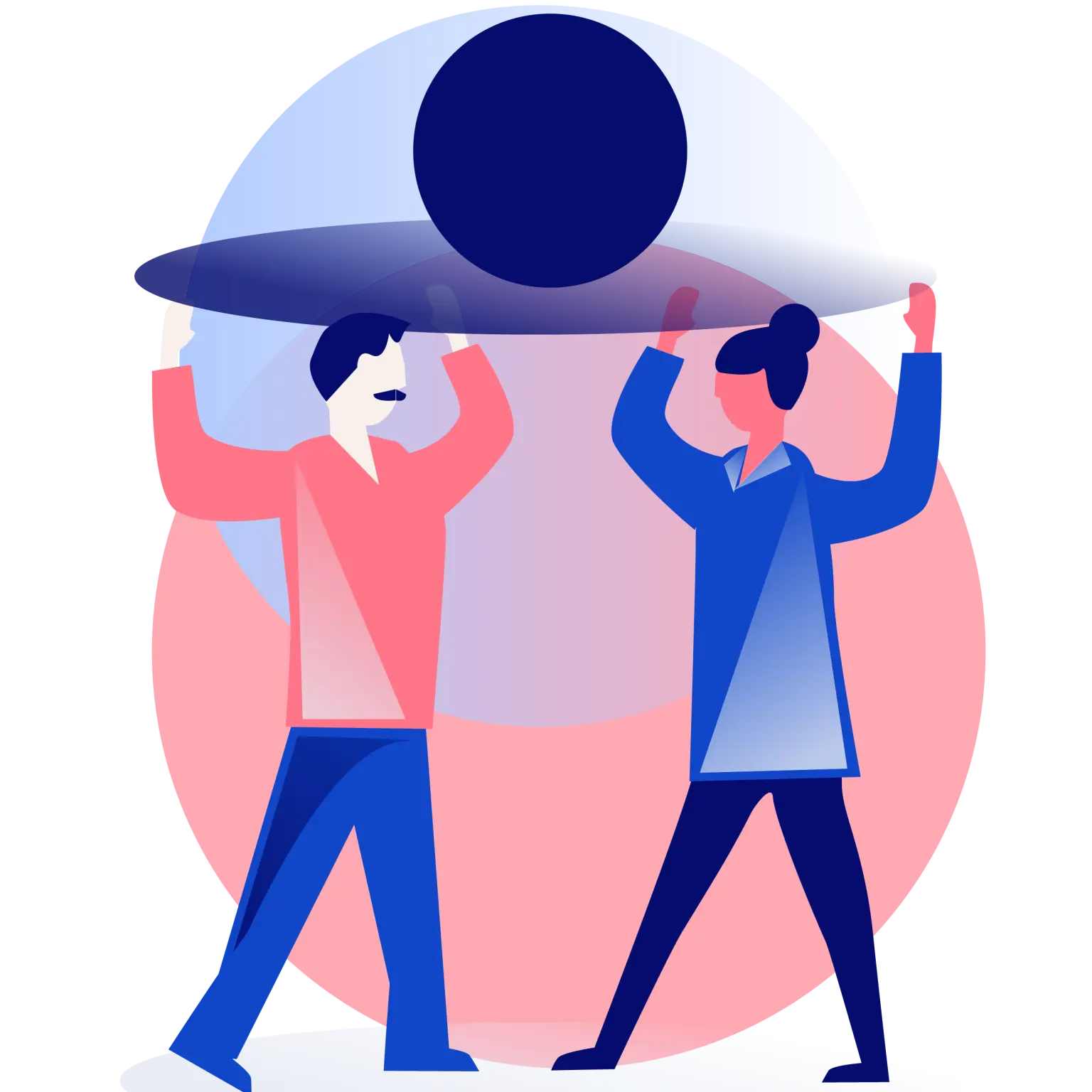 Pictogram van een man en een vrouw die door middel van een blauwe schijf boven hun hoofd een blauwe stip meedragen.