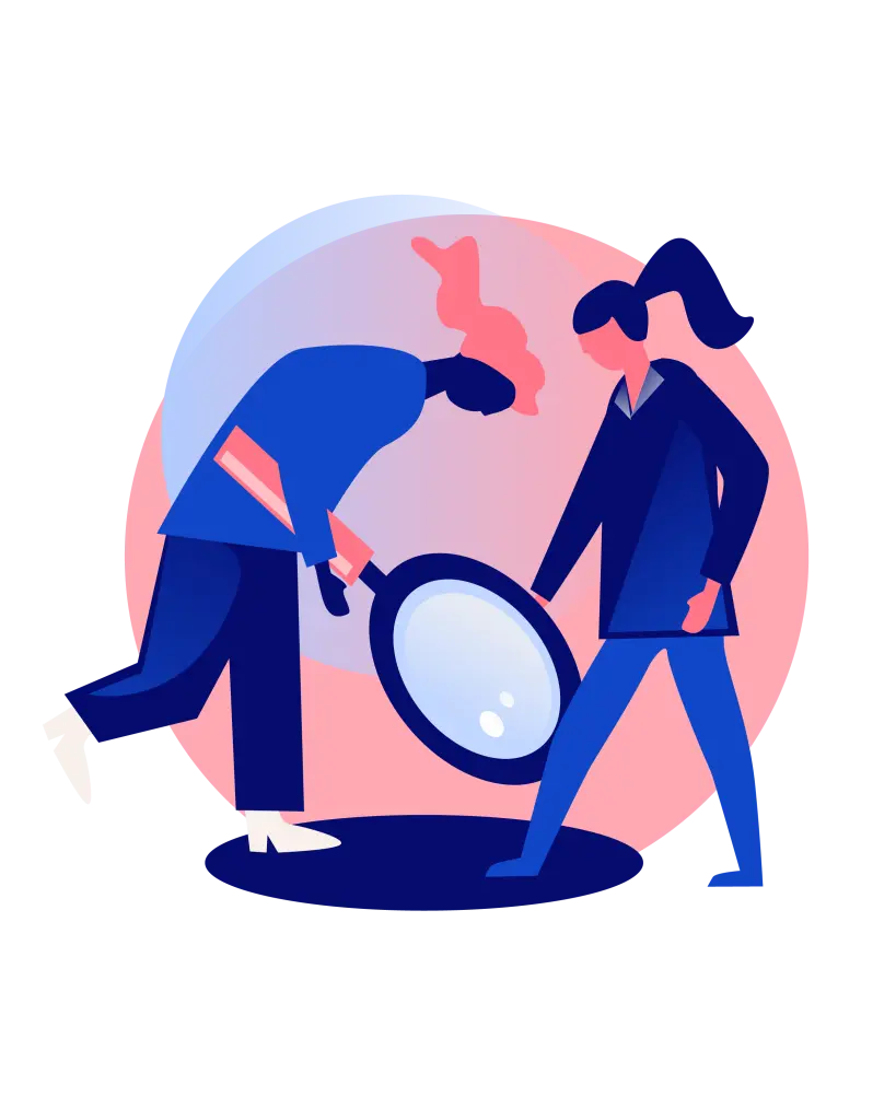 Pictogram van twee figuren die naar een stip op de grond kijken. Een figuur draagt een vergrootglas.