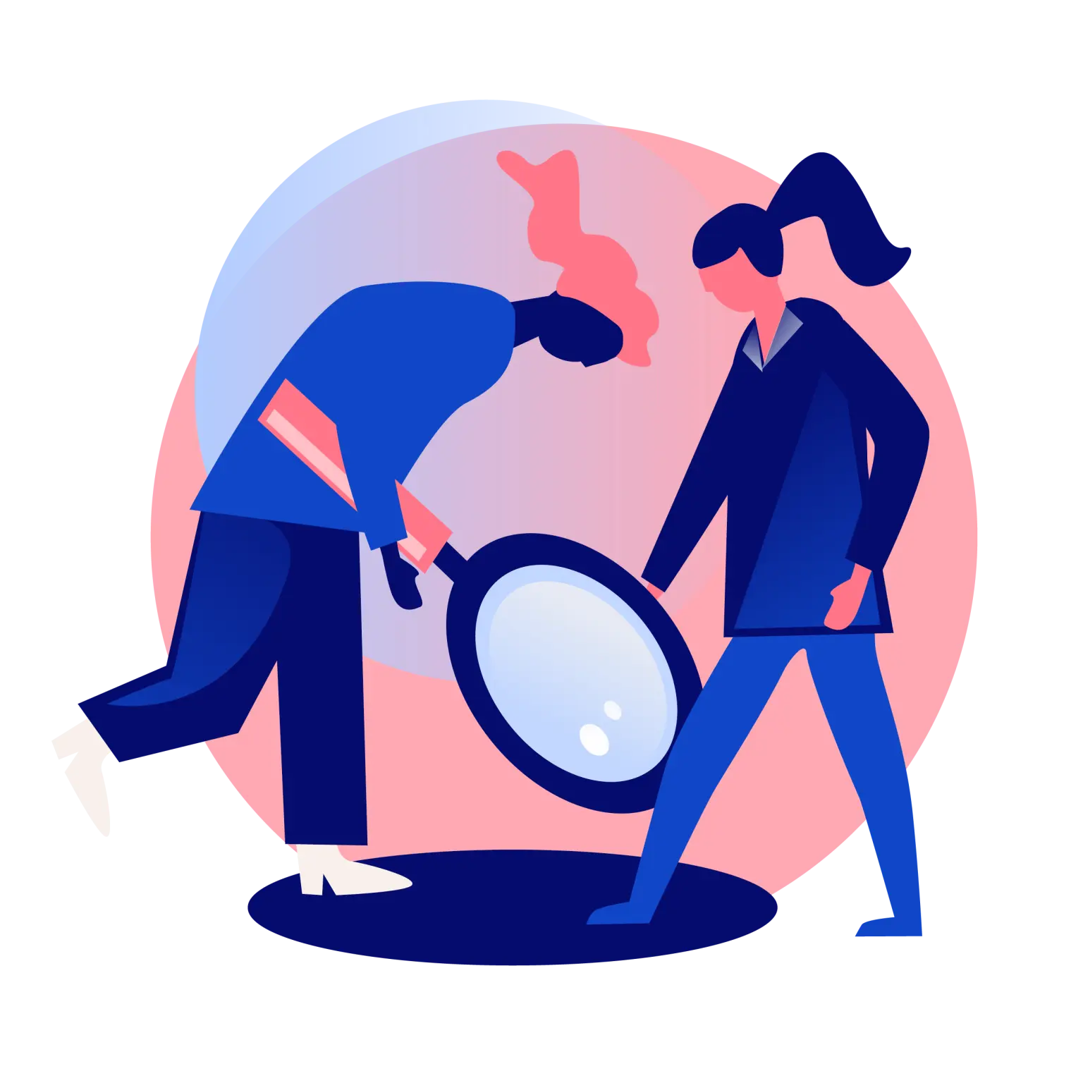 Pictogram van twee figuren die naar een stip op de grond kijken. Een figuur draagt een vergrootglas.
