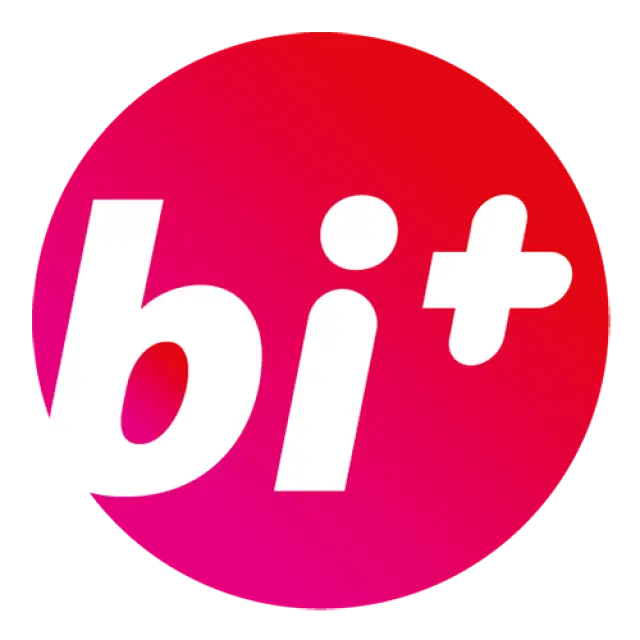 Logo Bi+ bestaande uit een rode cirkel met in witte letters bi+