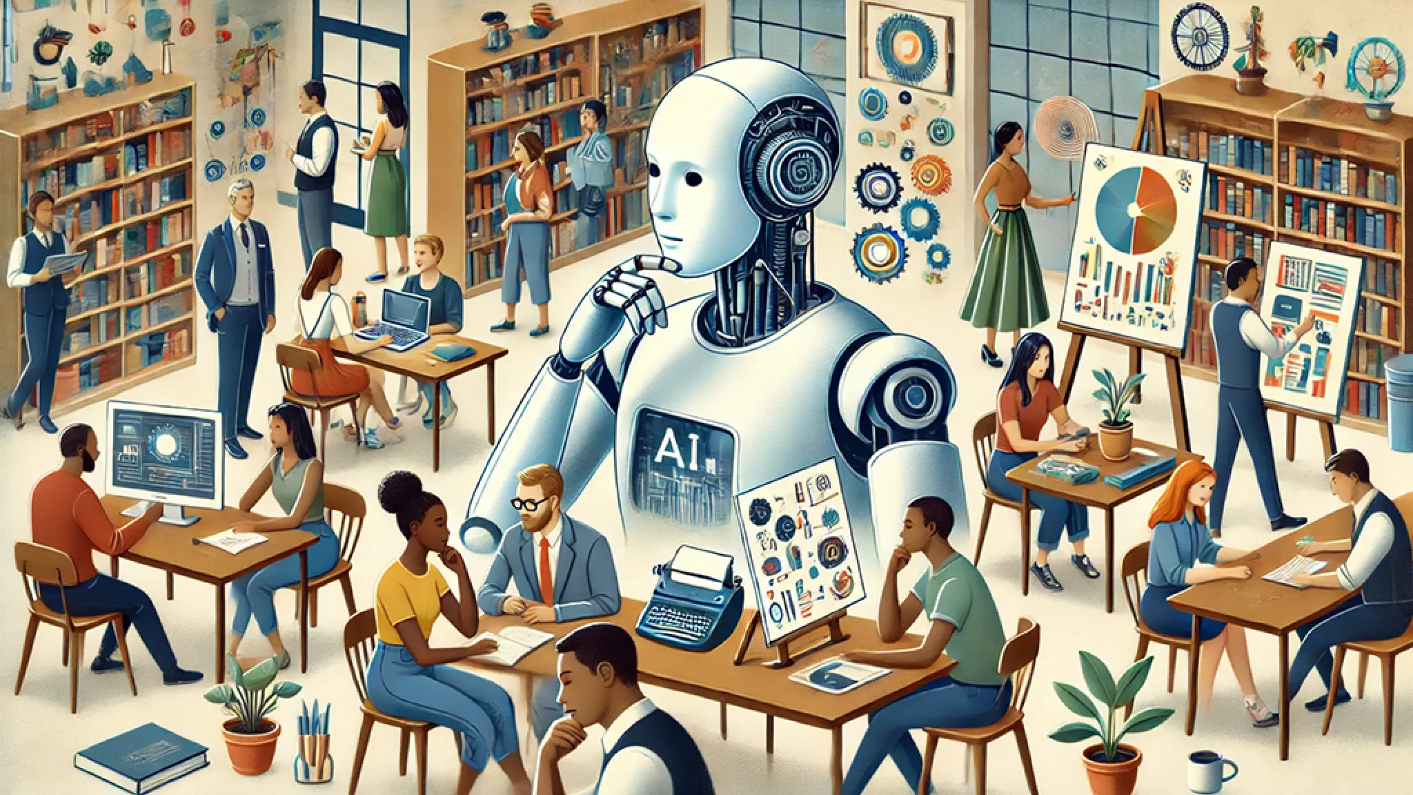 Een robot met op zijn borst de tekst AI kijkt nadenkend om zich heen in een bibliotheek vol mensen