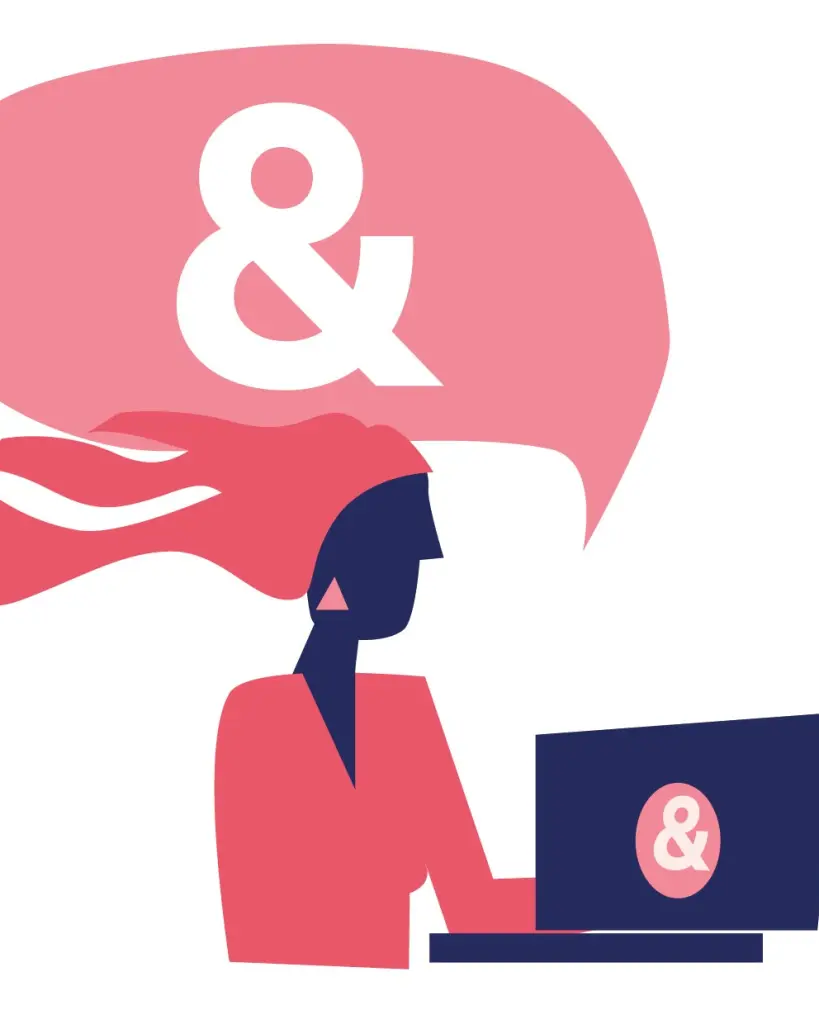 Pictogram van een vrouw achter een laptop. In de tekstwolk boven haar hoofd staat een &-teken