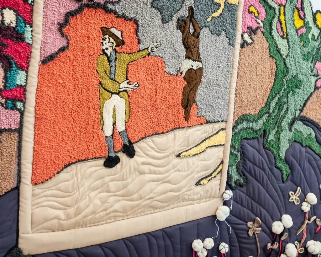 Detail van het wandkleed met daarop een witte man die wijst naar een zwarte vrouw die alleen een doek om haar middel draagt en wier handen zijn vastgebonden.