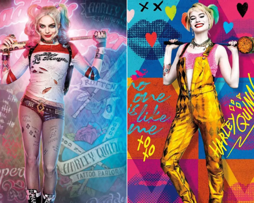 Twee afbeeldingen van Harley Quinn. Op de linkerafbeelding draagt zij hotpants en twee staartjes. Over haar schouders houdt ze een knuppel vast. Op haar benen en op de achtergrond zijn tatoeages te zien. Ze kijkt ondeugend. Op de reachterafbeelding is Harley ogeven door hartjes. De draagt nog steeds twee staartjes, maar heeft nu een overall aan. Ze kijkt vrolijk.