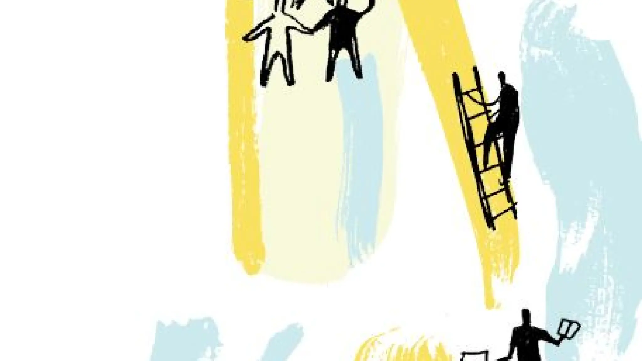 Abstracte tekening van mensen die samenwerken, klimmen, observeren en opruimen, tegen een achtergrond van zachte gele en blauwe penseelstreken.