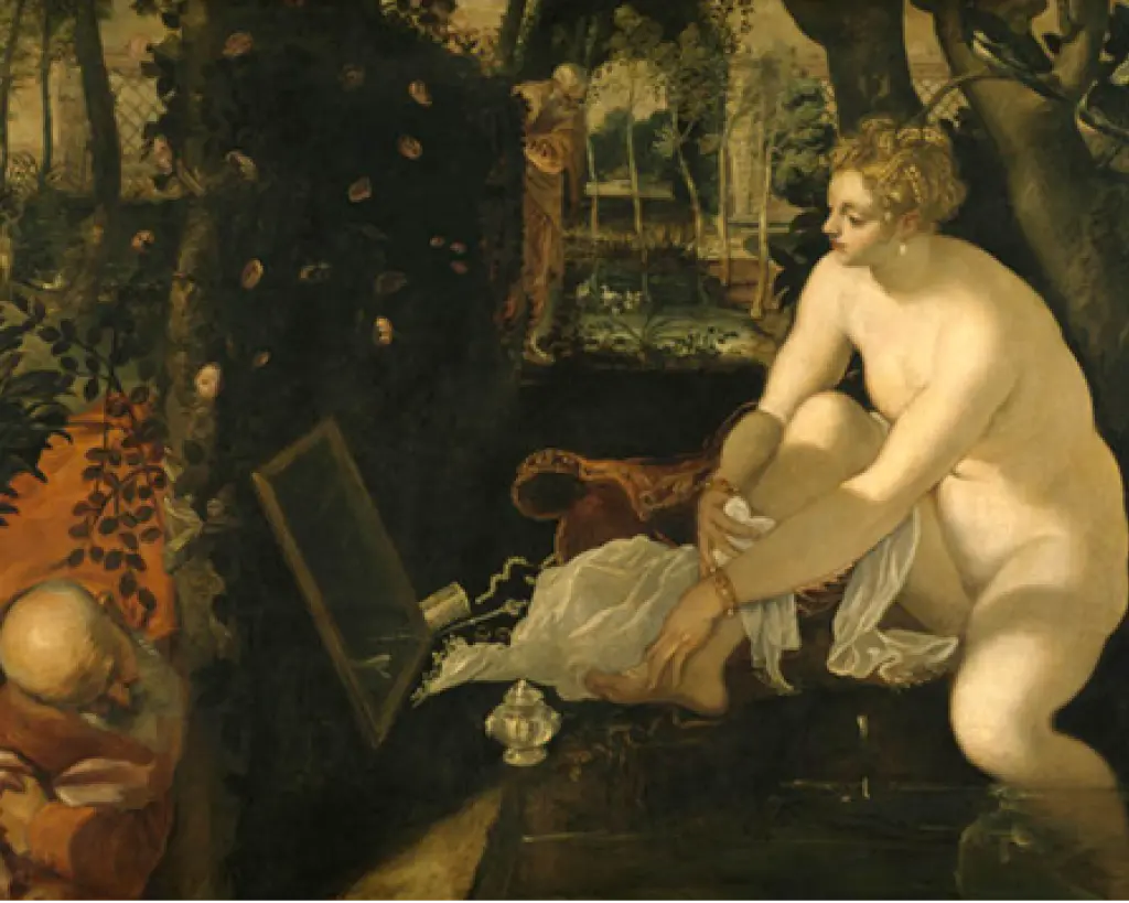 Schilderij van Tintoretto. Een naakte vrouw zit met schoonheidsspulletjes voor een spiegel. Van achter een heg begluren twee mannen de vrouw.