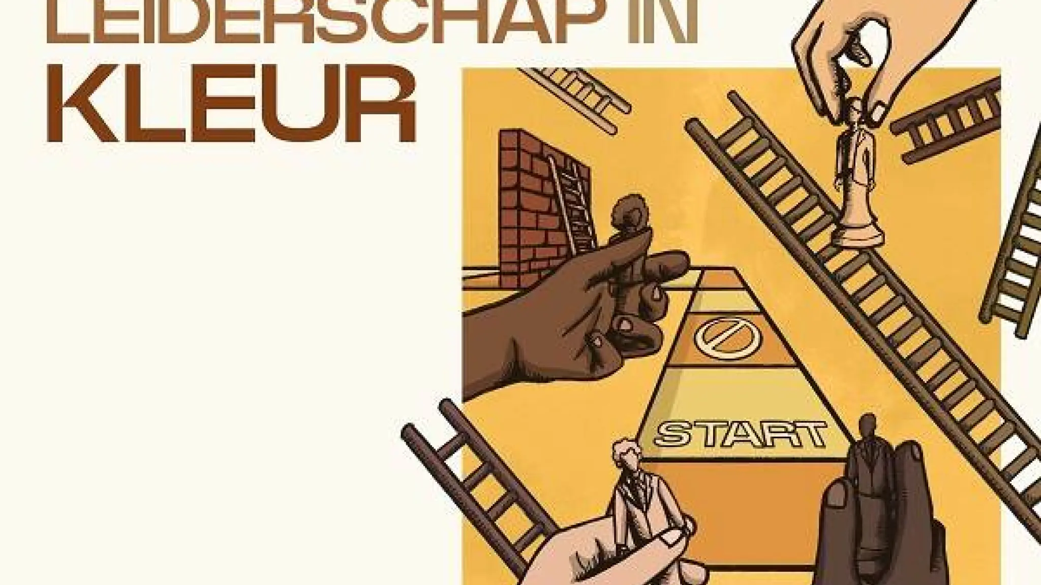 Cover van het rapport leiderschap in kleur. Op een spelbord staat een vakje start met direct erachteraan een vakje met een verbodsbord. Witte en zwarte handen houden spelfiguurtjes vast en er zijn ladders en muurtjes afgebeeld. Linksonder staat de naam Judi Mesman