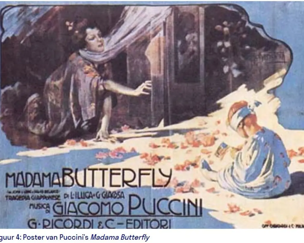 Poster van de opera Madama Butterfly van Puccini, waarop een Japanse geisha in de schaduw zit en haar hand uitstrekt naar een blank kind dat in de zon zit, tussen blaadjes kersenbloesem.