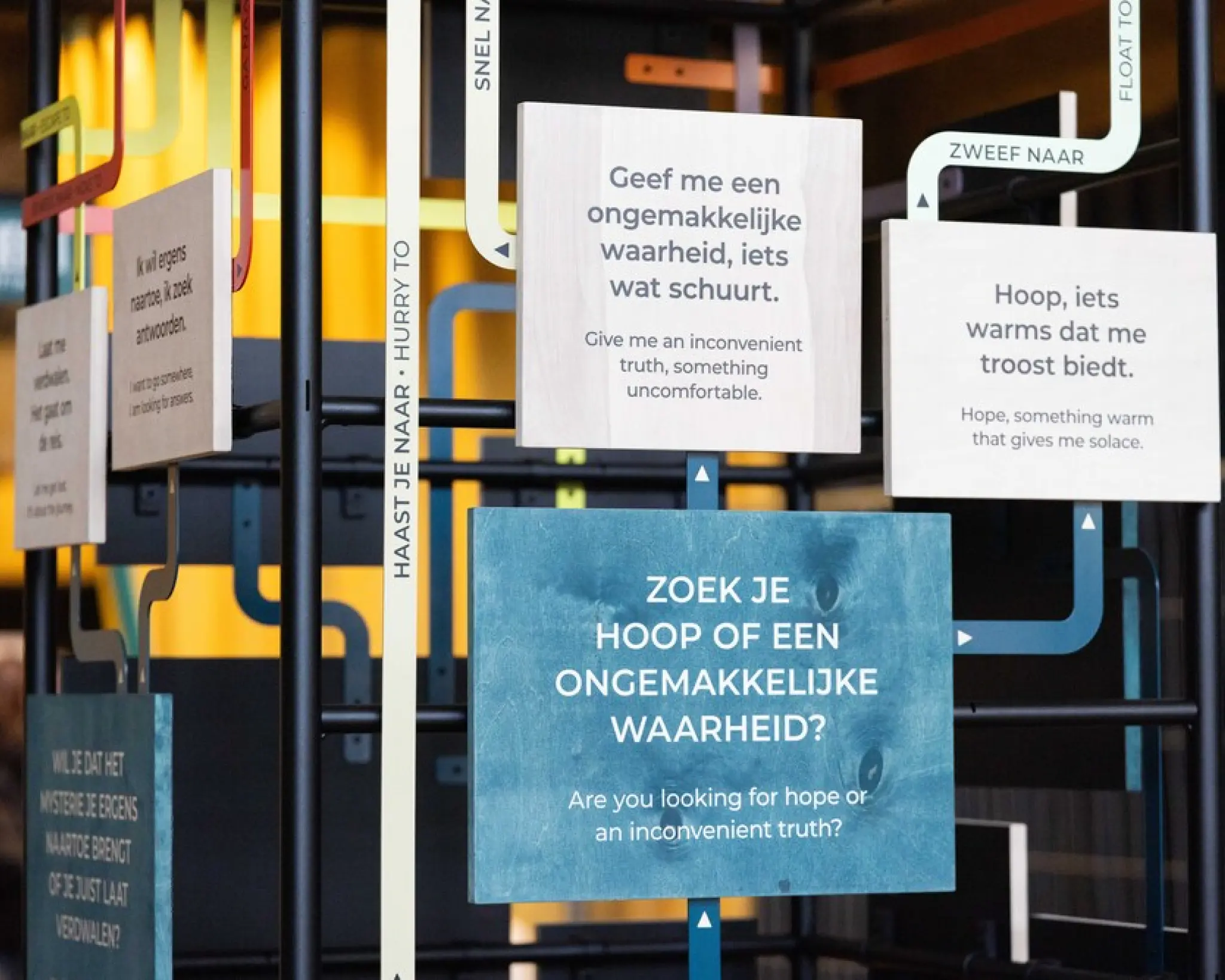 Close up van een rek met een beslisboom. Op kaartjes staan vragen die je via pijltjes naar een keuze voor een verhaal leiden.